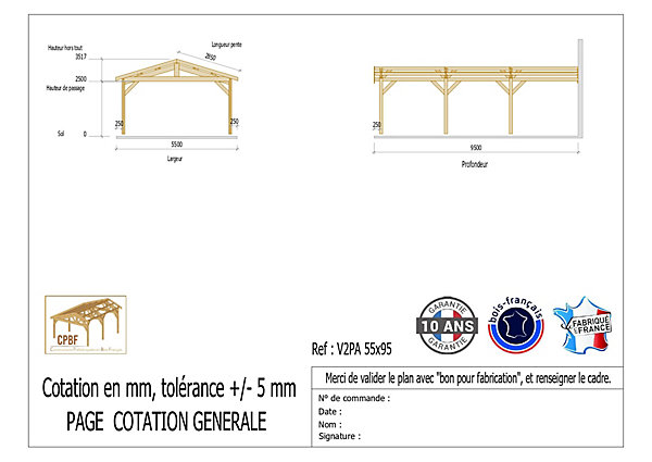 Carport adossé deux pentes 550cmx600cm bois DOUGLAS Français (Charpente en bois-auvent-abri voiture) 33m². Garantie 10 ans