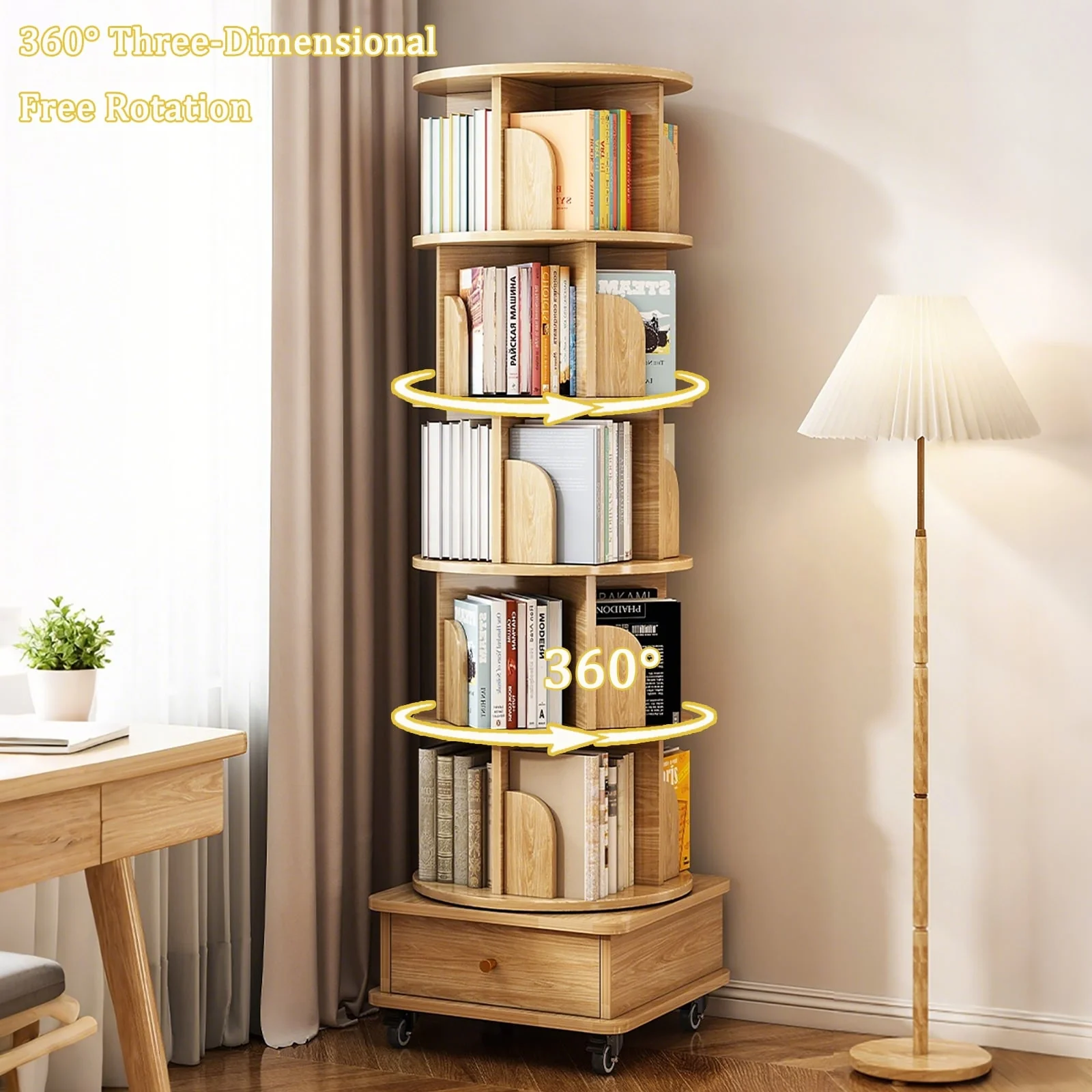 6-Tier Rotating Bookshelf w/Wheels & Drawer, 360° Display for Bedroom, Living Room, or Office