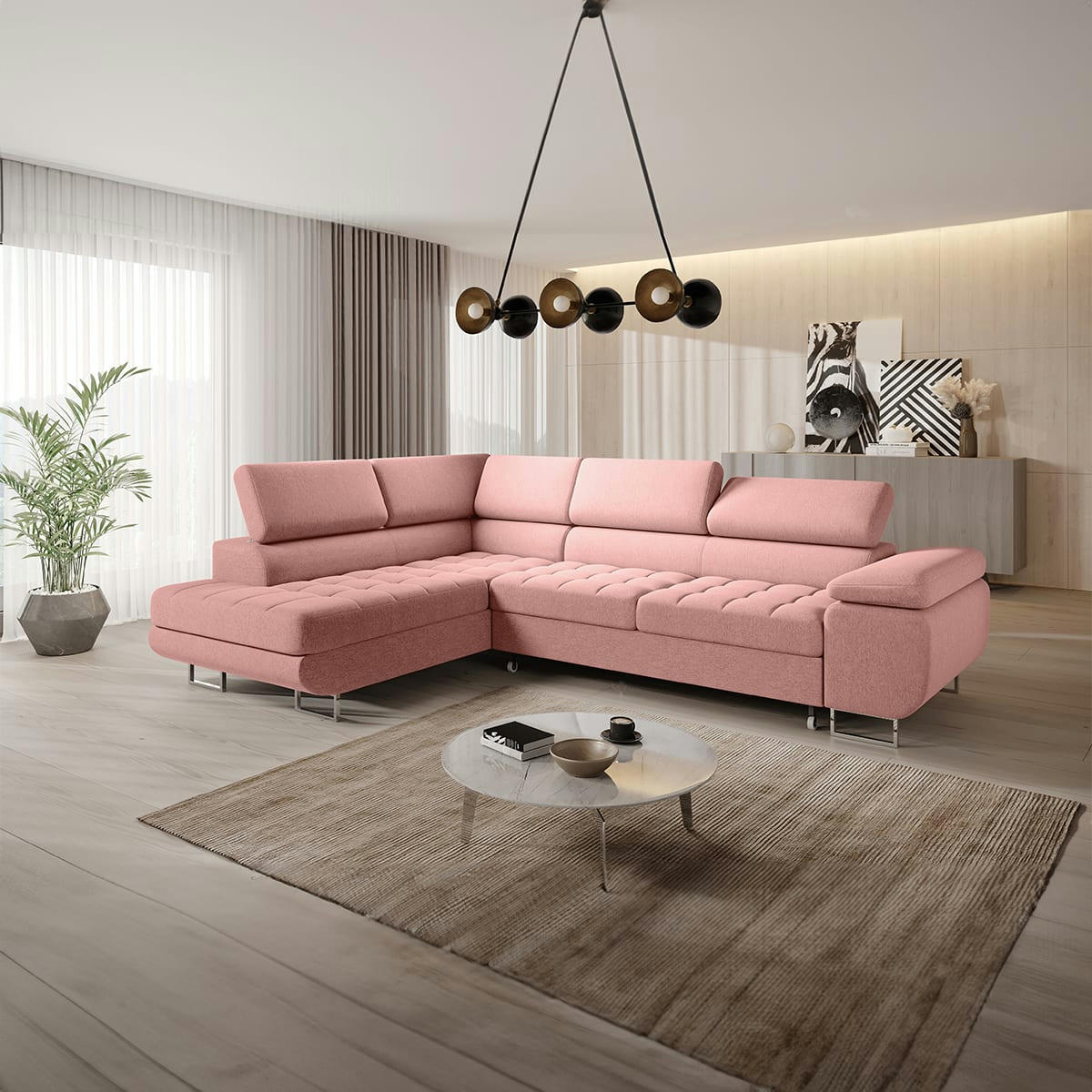 - Canapé d'angle convertible gauche 4 places rose