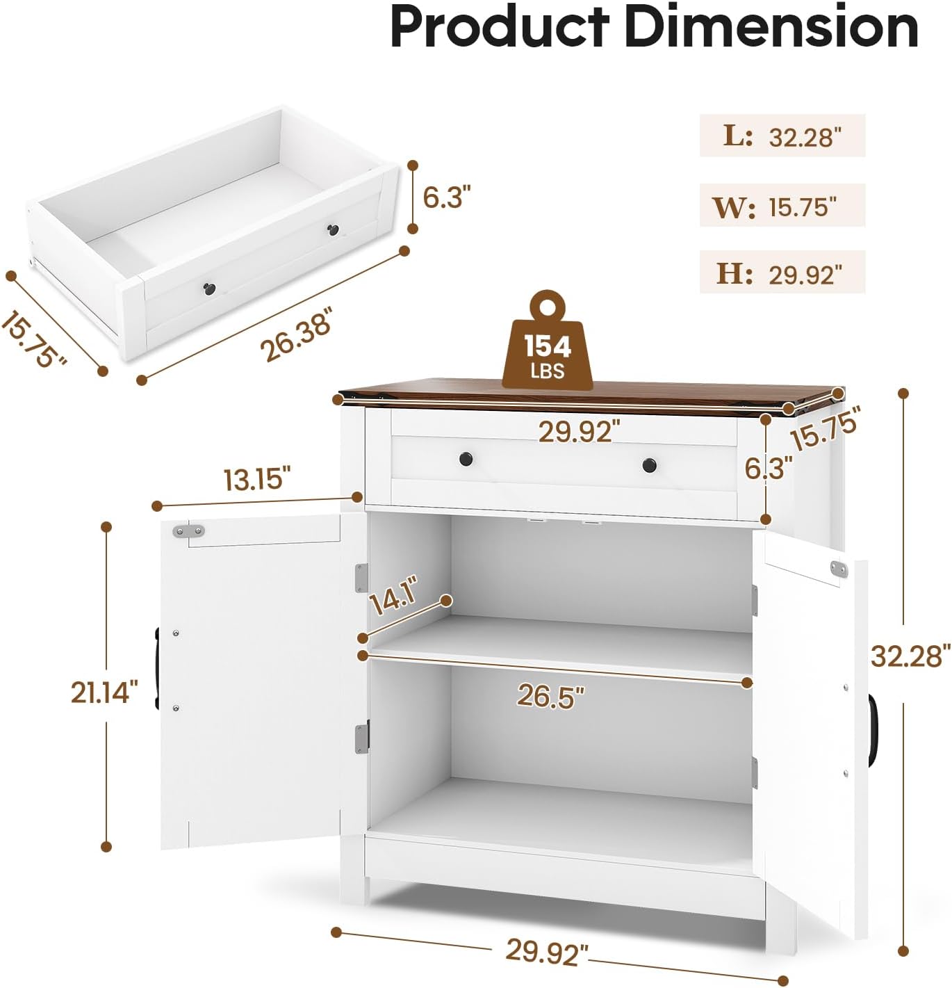 GRUSIGN 30 Coffee Bar Station, Kitchen Sideboard Buffet Cabinet with a Drawer and Adjustable Shelf, Modern Farmhouse Storage Cabinet for Kitchen, Living Room, Entryway, White