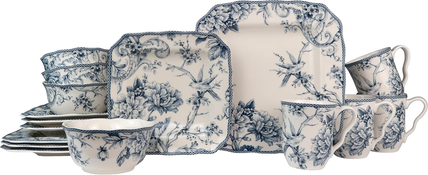 222 Fifth Adelaide Blue 16-Piece Floral Porcelain Dinnerware Set | Microwave and Dishwasher Safe Dining Set for 4 | Stackable and Chip-Resistant Plates Bowls and Cups | Gift for Housewarming & Wedding