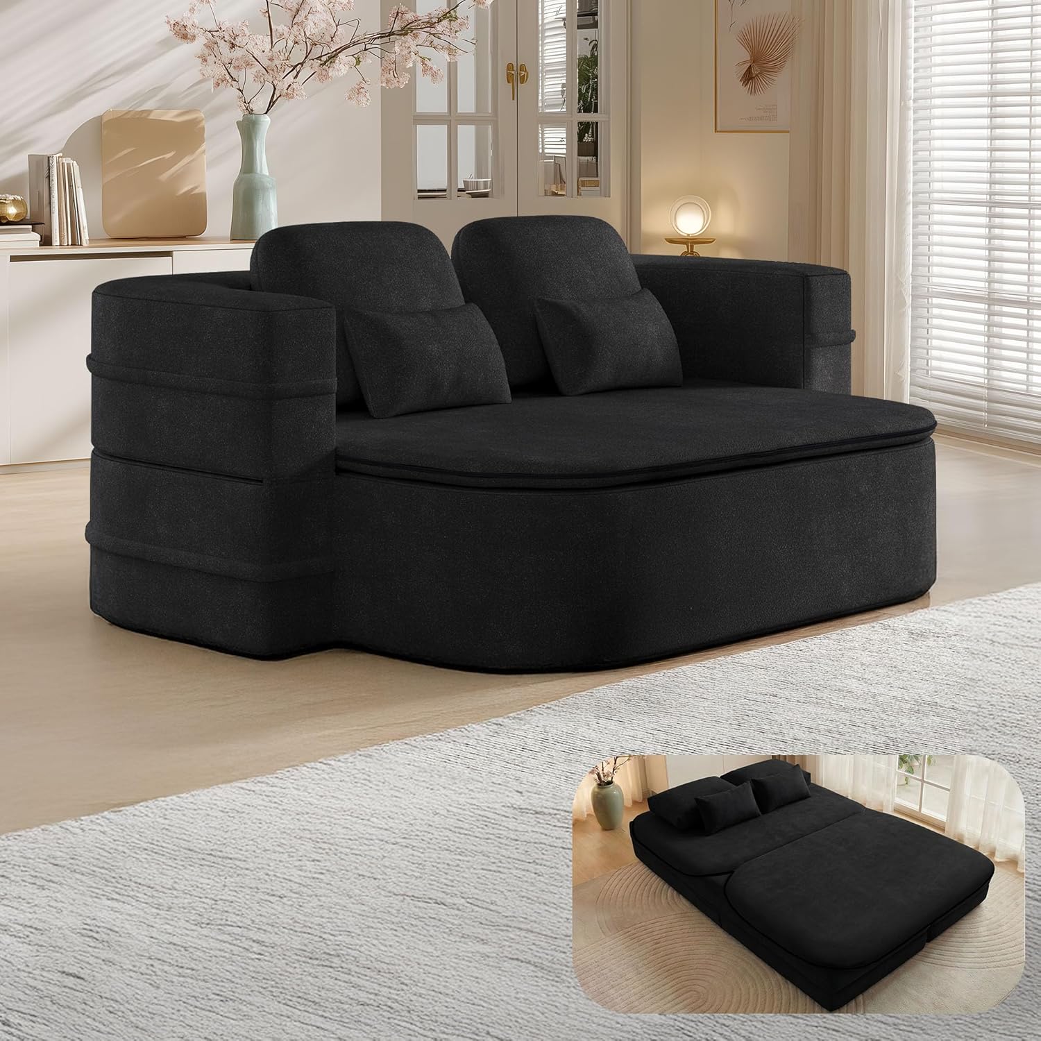 75'' Folding Sleeper Sofa Bed, Convertible Memory Foam Boneless Couch, Foldable Full Size Guest Bed, Modern 2-in-1 Futon Floor Sleeper Sofa with 4 Pillows and Blanket (Chenille, Black1)