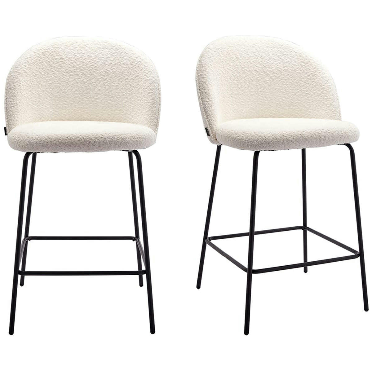 ALTA - Lot de 2 tabourets de bar en tissu bouclette écru, piètement noir