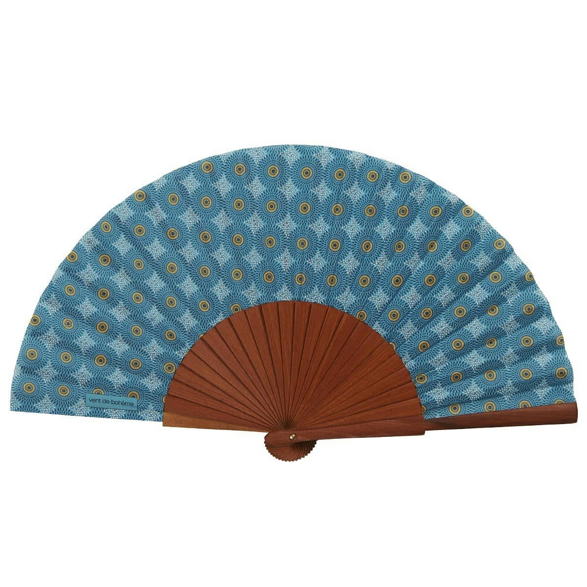 HANOÏ - Éventail en bois de merisier et coton motif fleuri turquoise