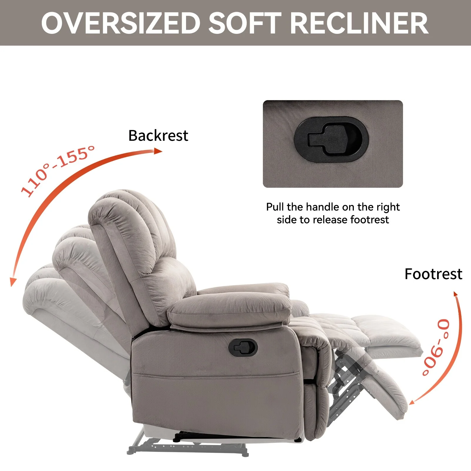 Grey Oversized Fabric Upholstered Manual Recliner with 2 Side Pockets and Adjustable Footrest