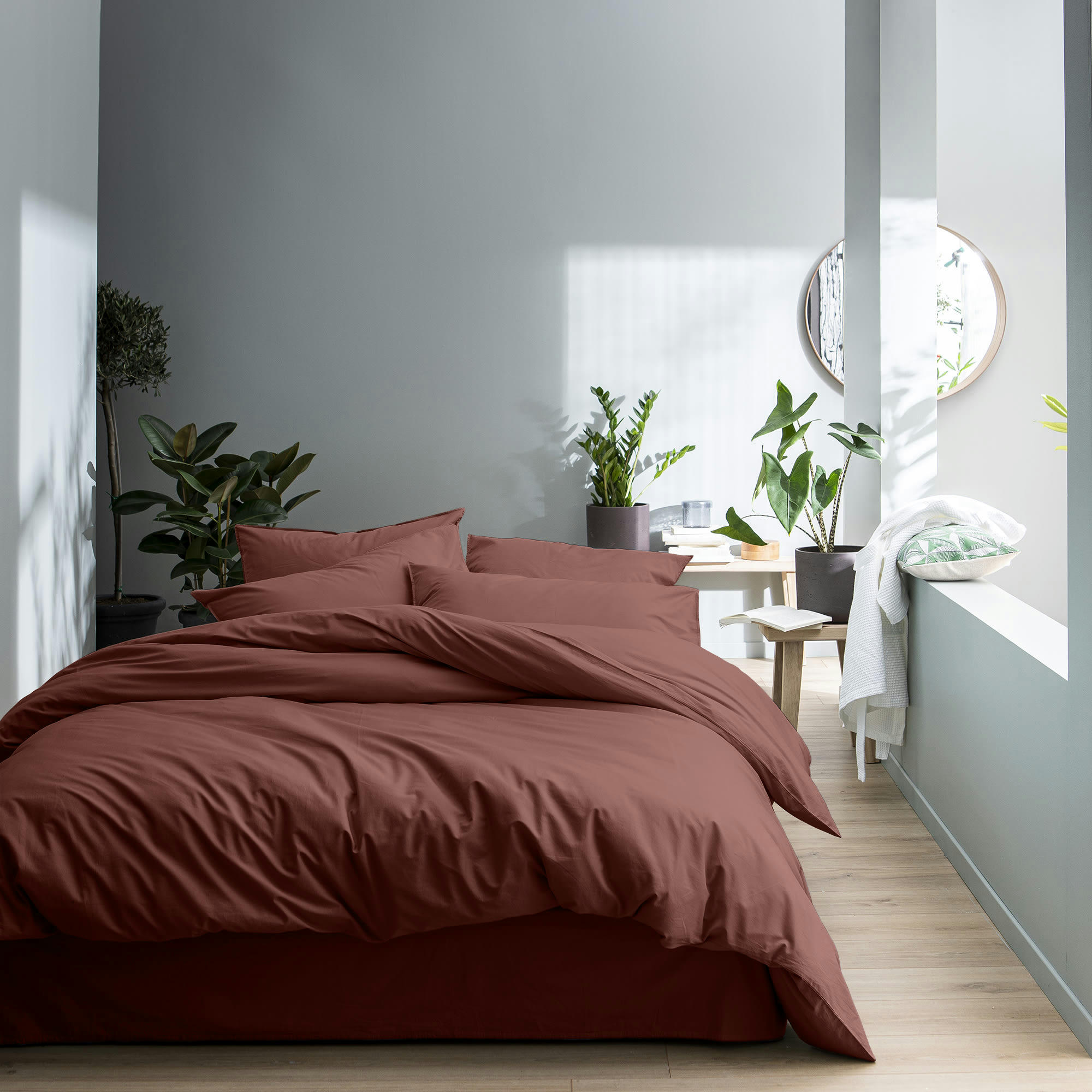 COTON LAVÉ VOLANT - Parure de lit unie en coton lavé Lie De Vin 260x240+2x65x65cm