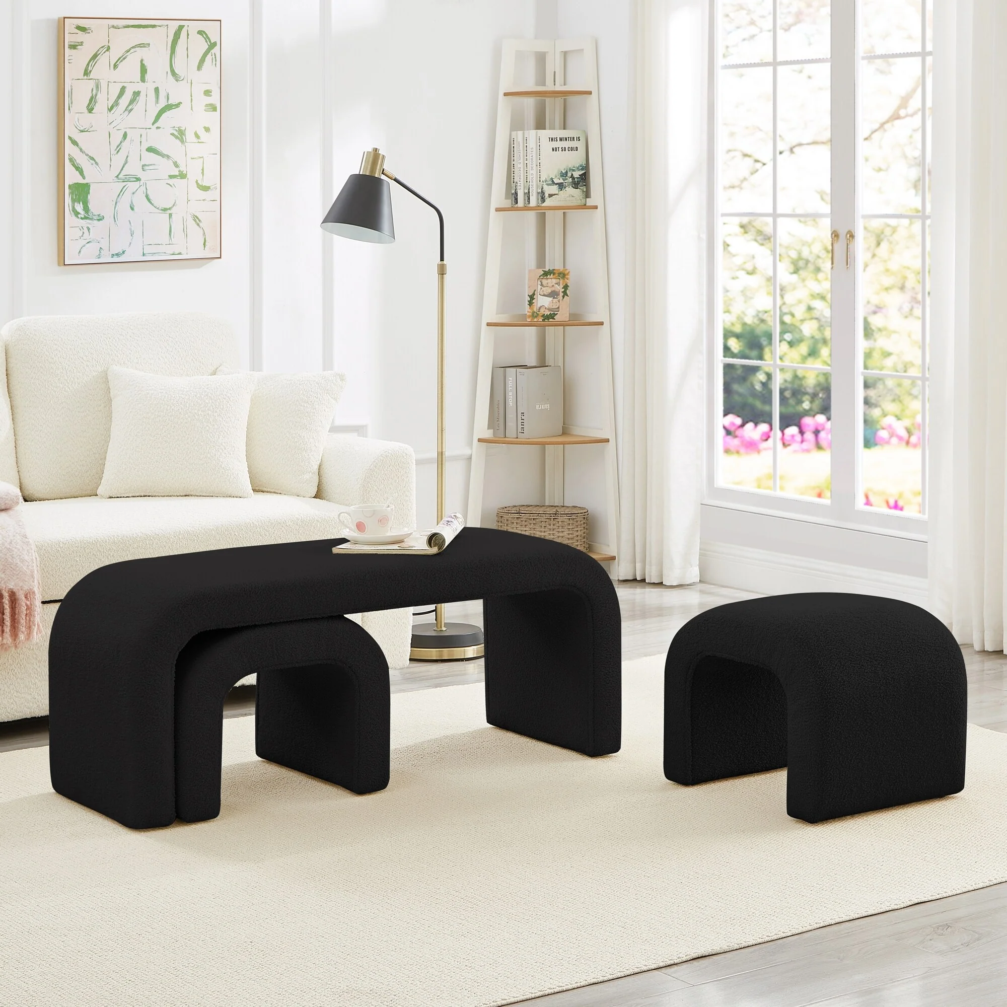 Set of 3 U-Shaped Bench,Sectional Ottoman Bench, Upholstered Ottoman Footrest Stool