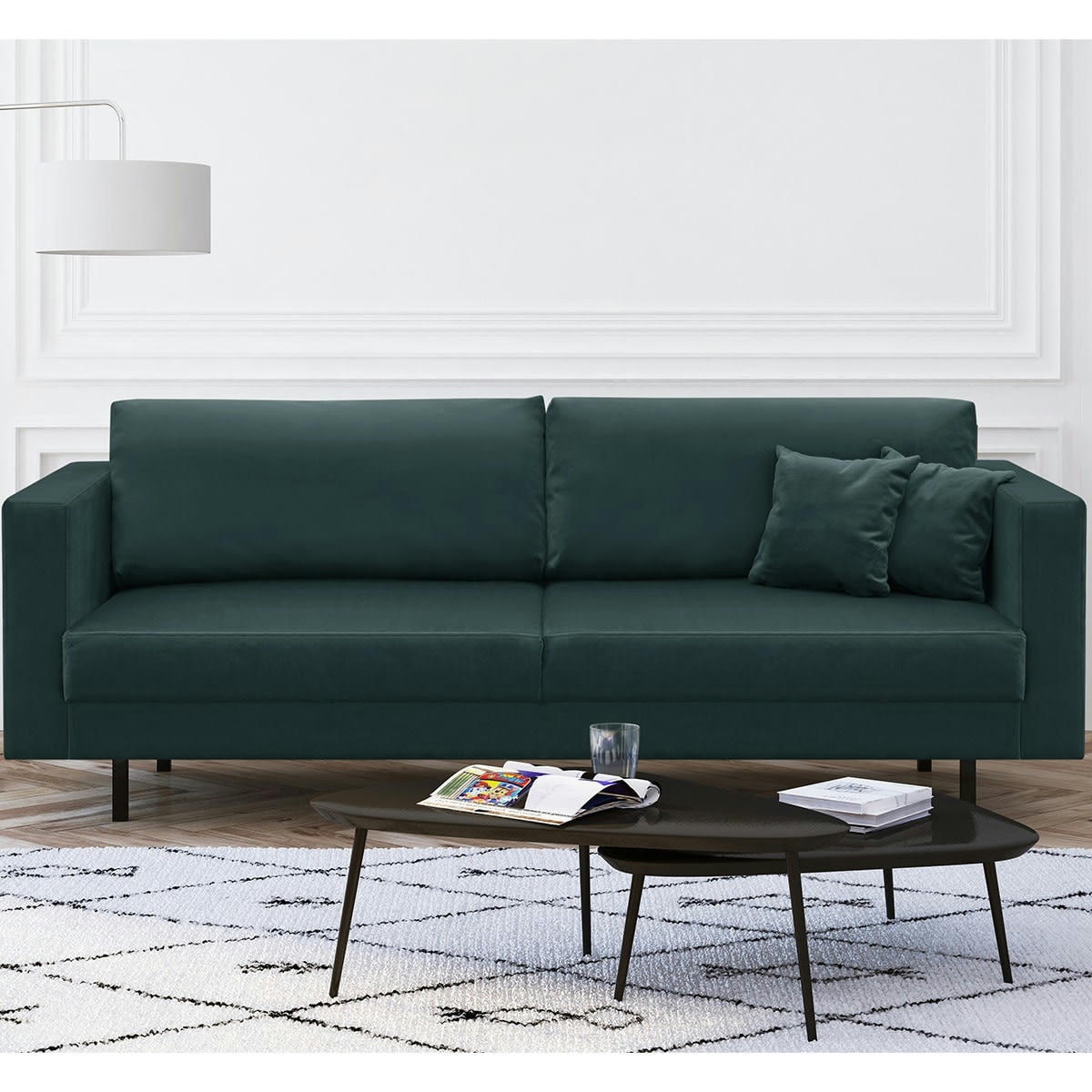 PIA - Canapé 3 places en velours bleu, pieds en métal noir