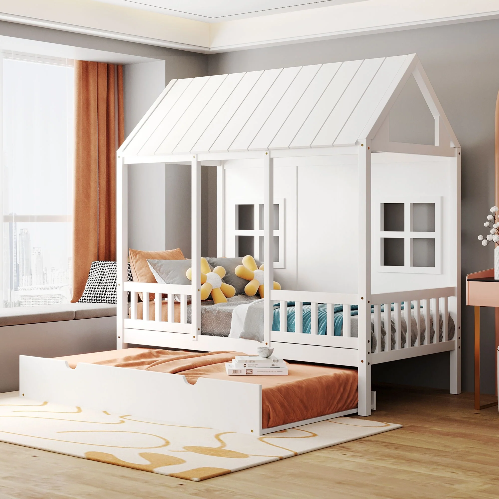 Twin Size Wooden House Bed with Trundle and Window Design, Ideal for Kids