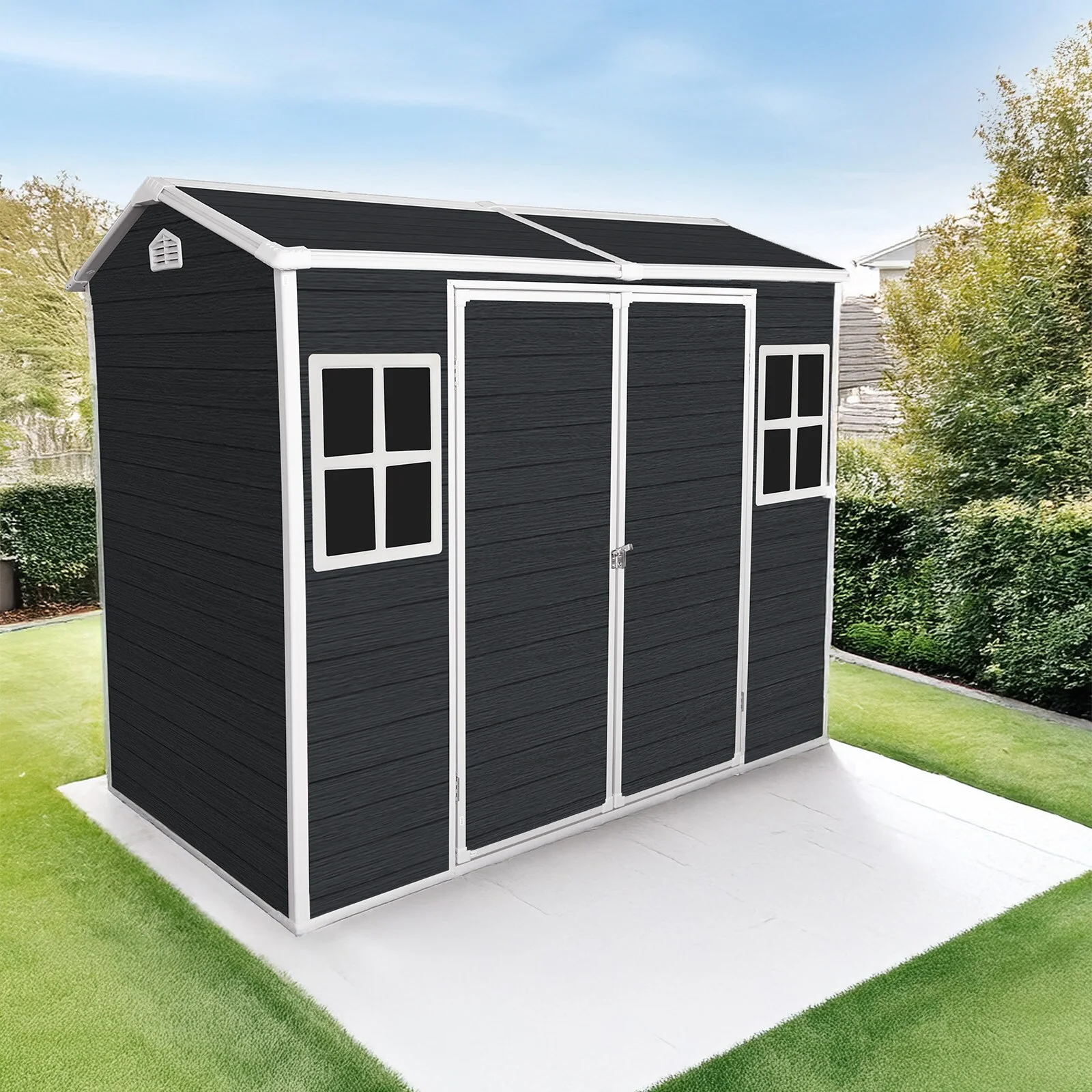 Rust-proof Outdoor Resin Garden Shed with Double Lockable Hinged Door, Waterproof Plastic Storage Shed Tool Shed
