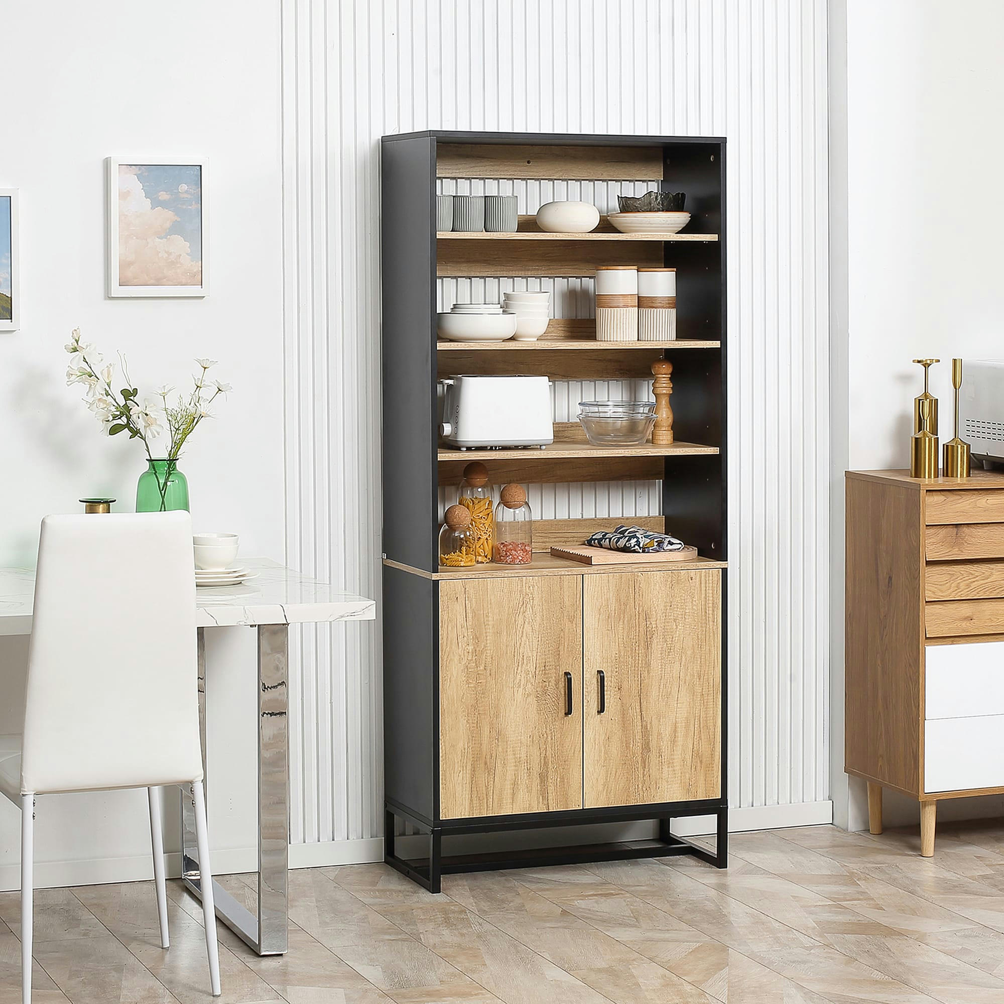 - Buffet haut 2 portes total 5 étagères acier noir aspect bois clair