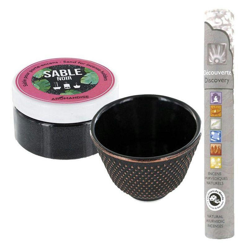 ZEN - Porte-encens coupelle fonte noire et sable noir + encens ayurvédique