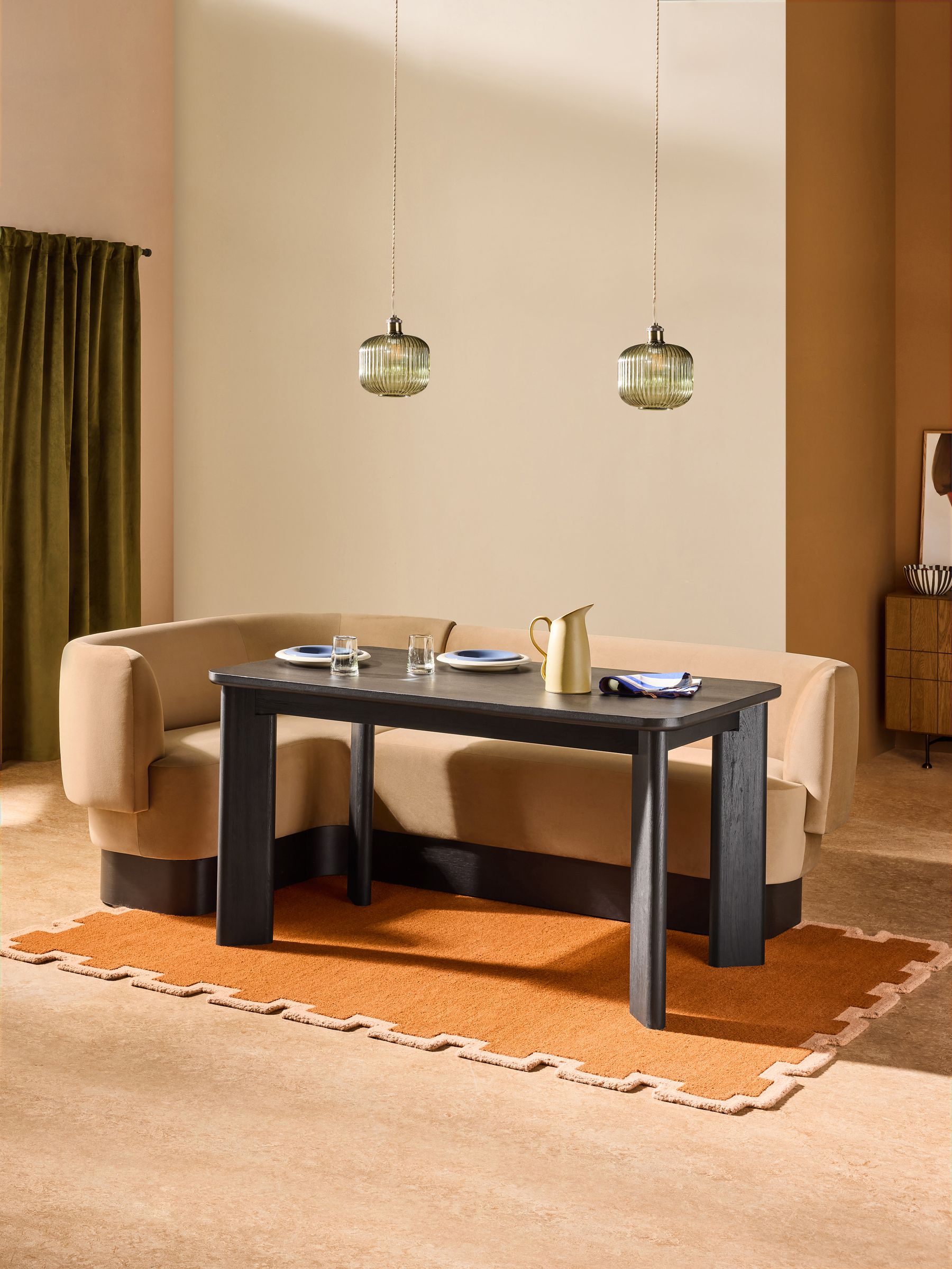 Left Hand Corner Corner Bench and Dining Table Set in Caramel Brown Velvet