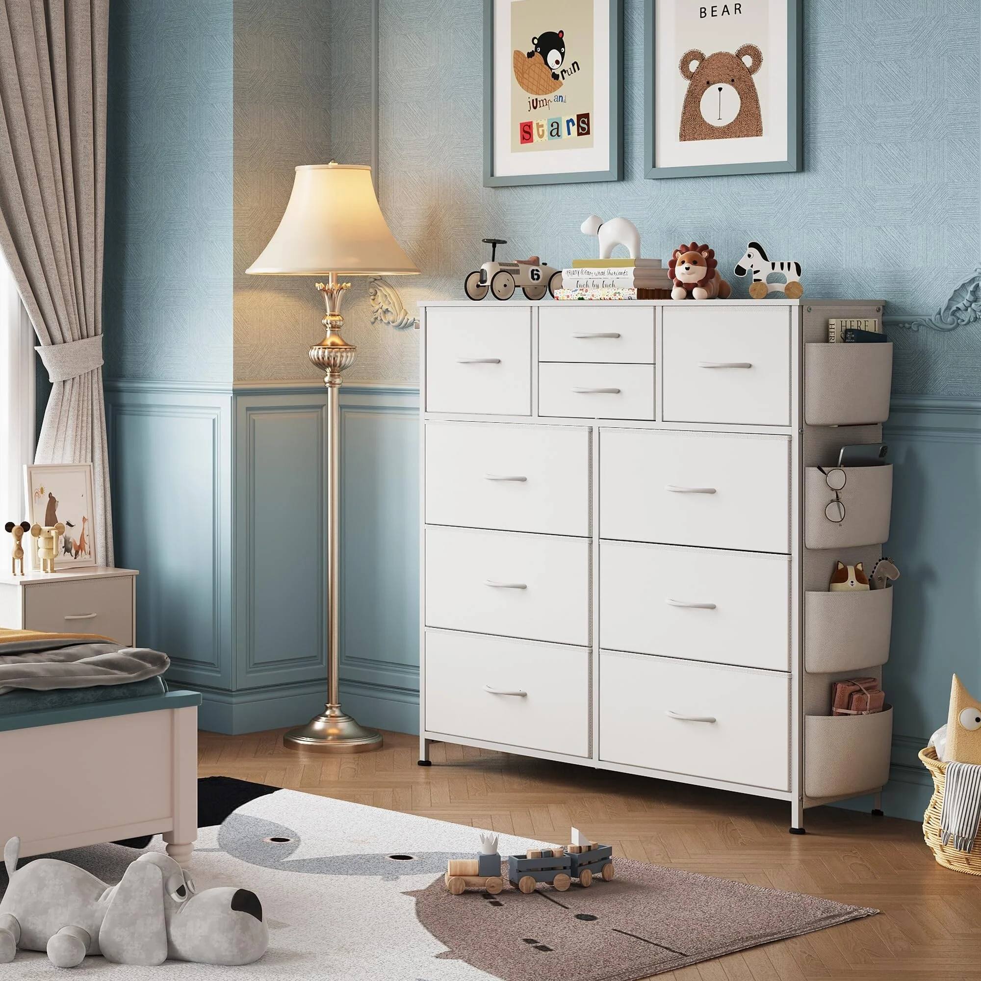 White 10 Drawer Dresser with Side Pockets Hooks PU Storage Metal Frame Organizer for Bedroom Living Room Hallway Closet