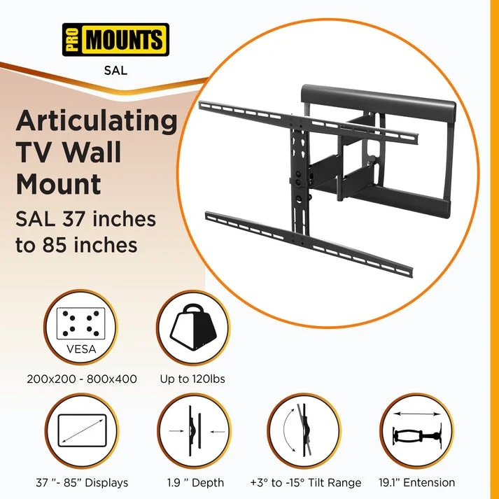 ProMounts Premium Articulating/Full Motion TV Wall Mount for 37 - 85 Screens, Holds up to 120 lbs.