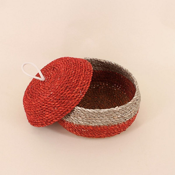 Panier rayé à couvercle fibres naturelles rouge, naturel 20x11cm