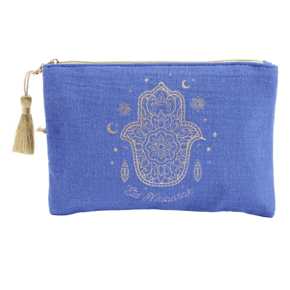 Pochette tissu main de Fatma Eid Mubarak bleue et dorée 14x20cm