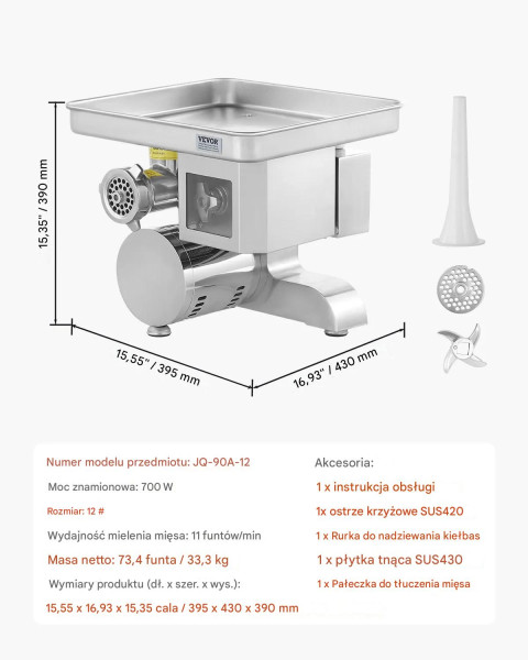 Maszynka do mięsa elektryczna 5kg/min stal nierdzewna kiełbasy szynka