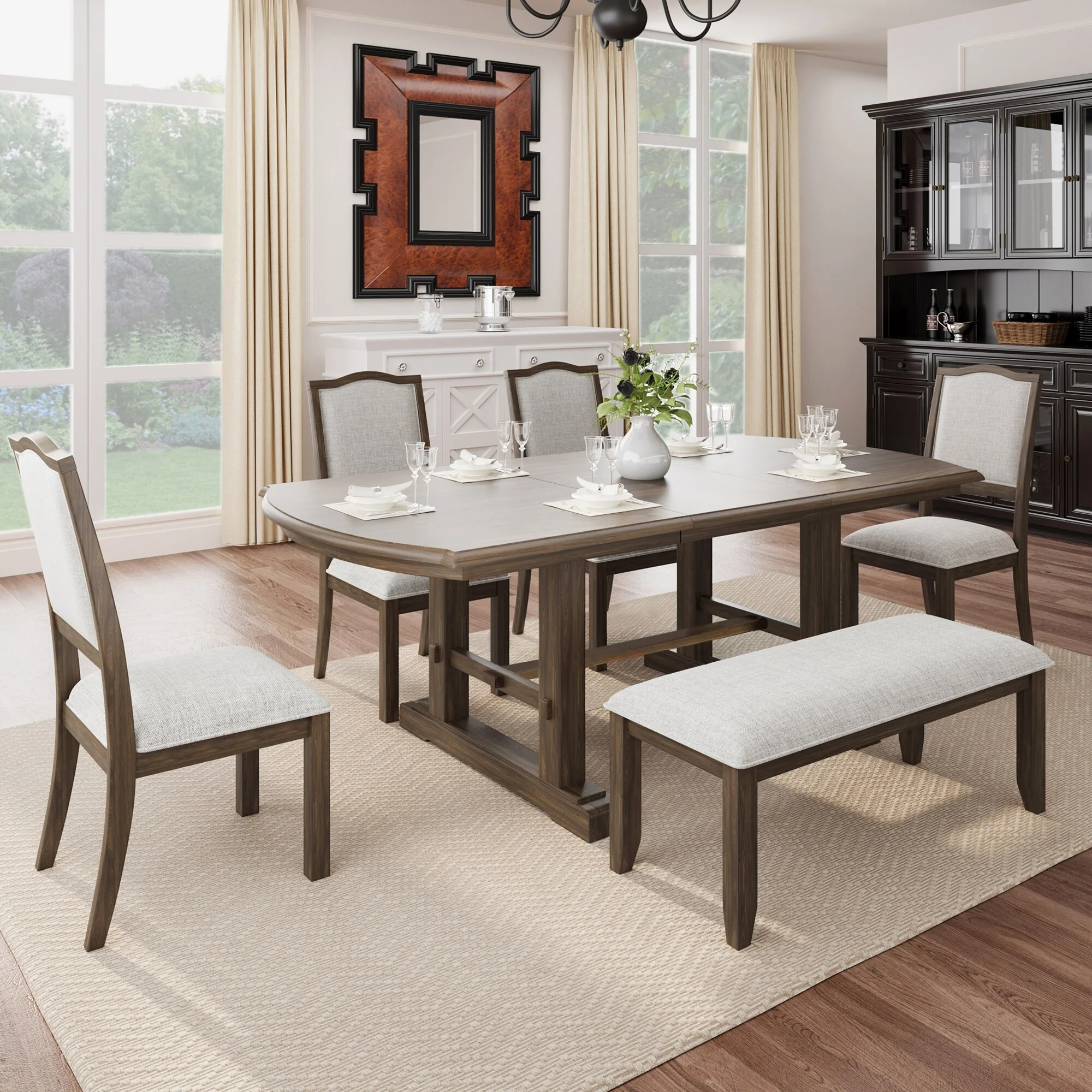 Extendable Dining Table Set 6-Piece Wooden Dining Table Set with Bench and Upholstered Chairs, Removable Leaf