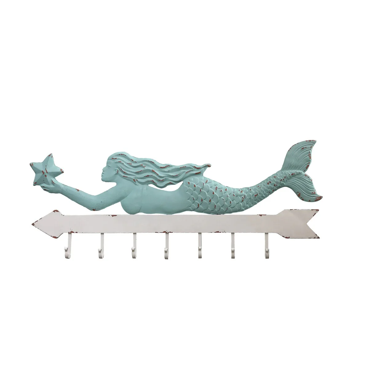 Aqua and White Metal Mermaid Wall Decor with 7 Hooks