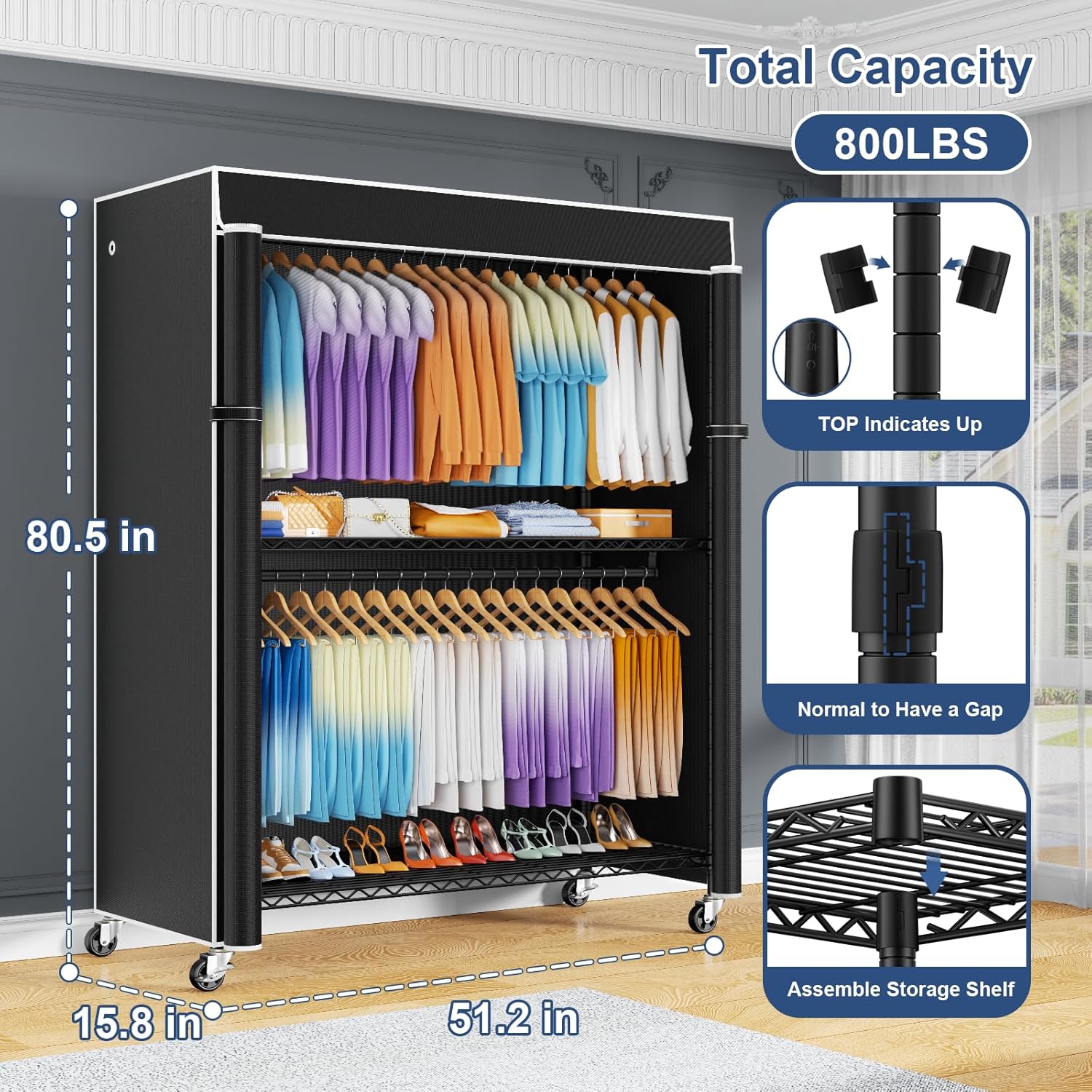 ULIFHOME P8C Max Heavy Duty Clothes Rack（With Extended Width Design） Rolling Clothing Racks for Hanging Clothes with Lockable Wheels，51.2W x 15.8D x 80.5H，Load 700LBS，Black Rack with Black Cover