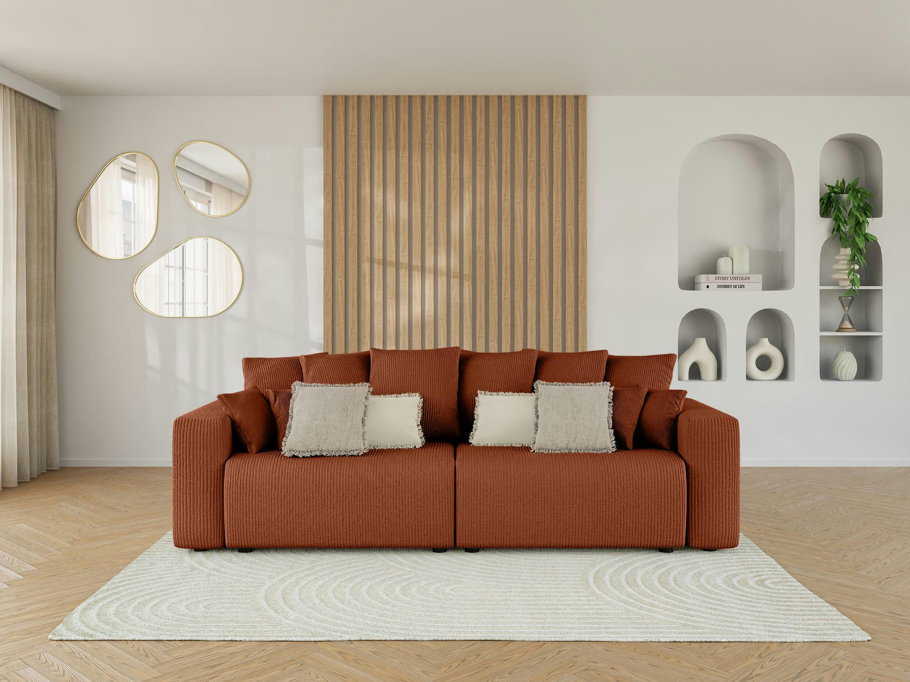 LEA - Canapé droit convertible en velours côtelé 3 places terracotta