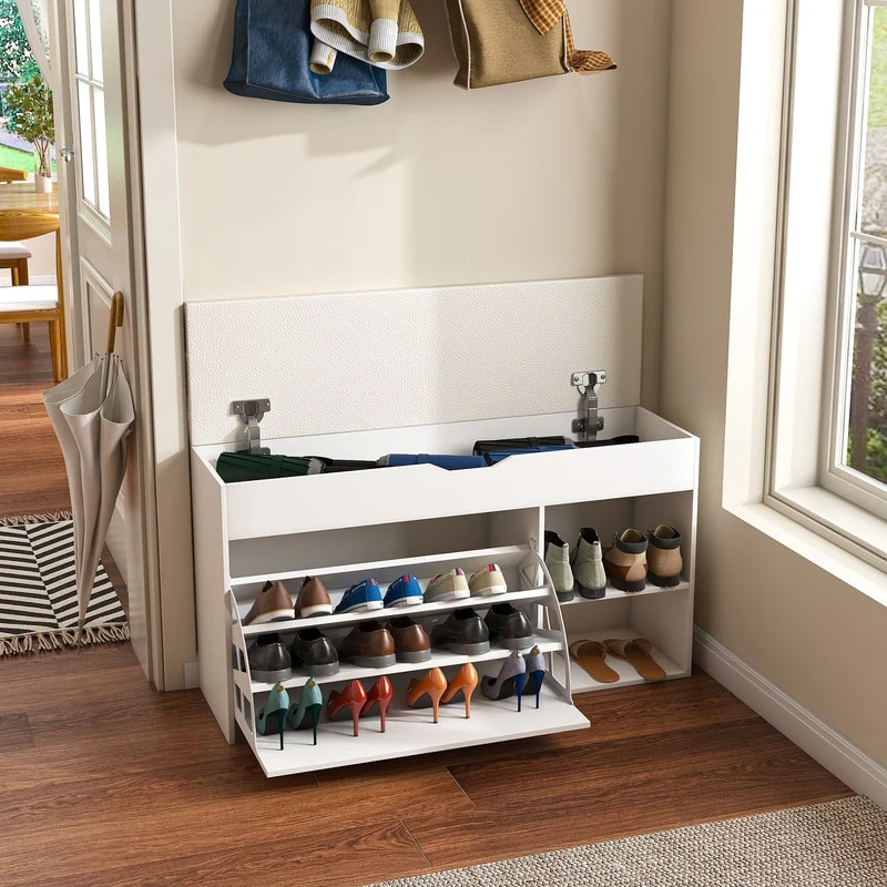 White Entryway Bench with 3-Tier Shoe Storage, Flip-Up Drawers & Hidden Cabinet – Space-Saving Organizer .