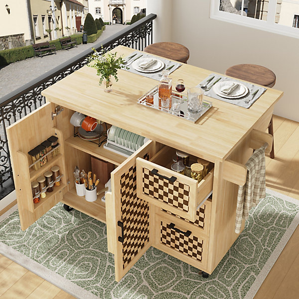 Chariot de cuisine à roulettesîlot de cuisine 130x75x92cmavec deux portestrois tiroirs et un porte-serviettesbuffet,naturelle