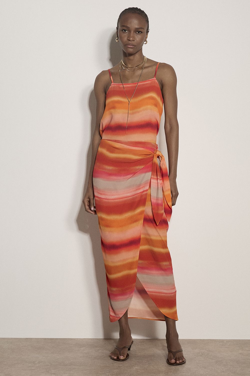 Apricot Watercolour Stripe Wrap Midi Skirt