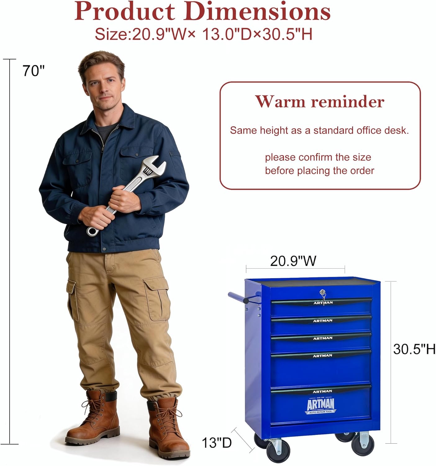 RYH 5 Drawers Rolling Tool Chest - 13 D x 20.9 W x 30.5 H Heavy Duty Mobile Tool Cart with Locking Wheels & Ball Bearing Drawers, Garage Tool Storage Cabinet (Blue, 5 Drawers)