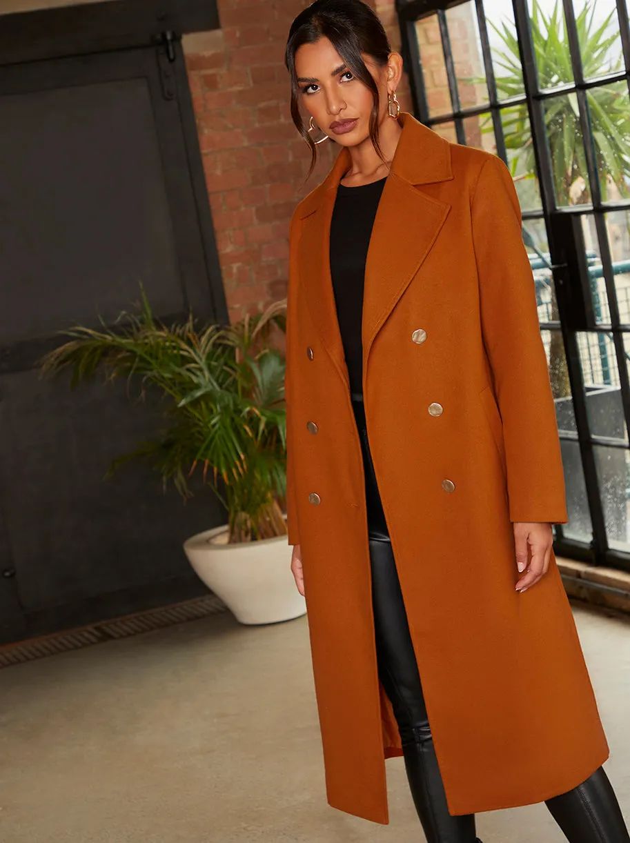 Chi Chi London Double Breasted Longline Coat in Orange