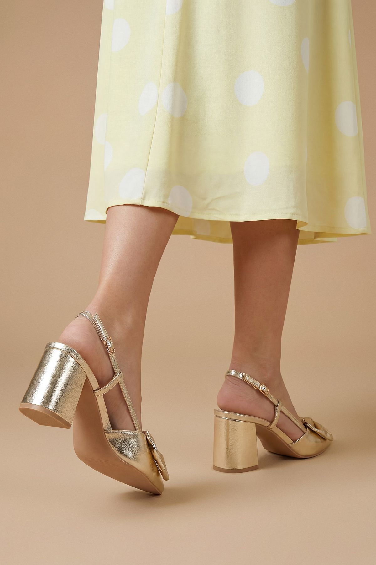 Oasis Dorinda Faux Metallic Leather Bow Slingback Block Heeled Shoes