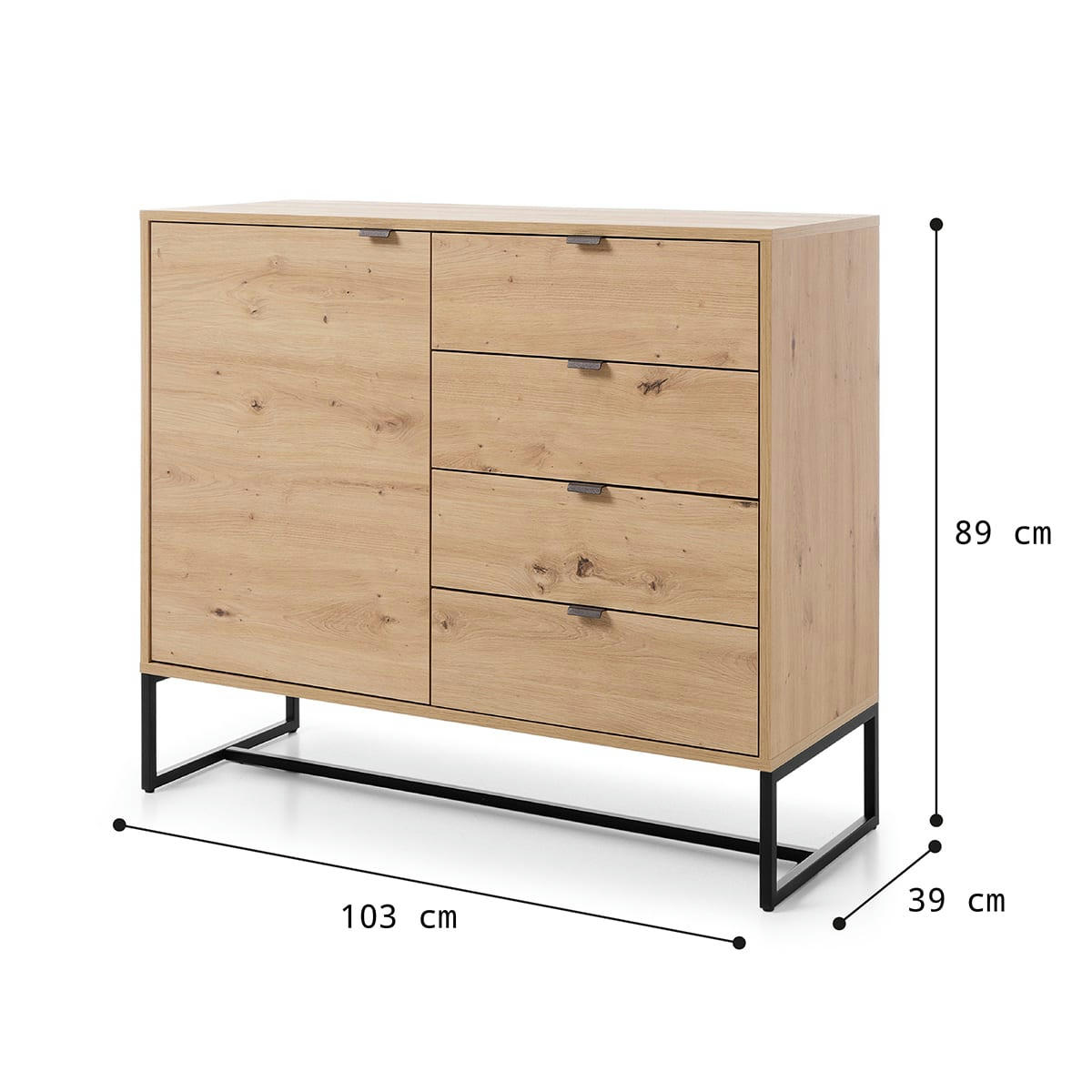 - Buffet 1 porte 4 tiroirs naturel et metal