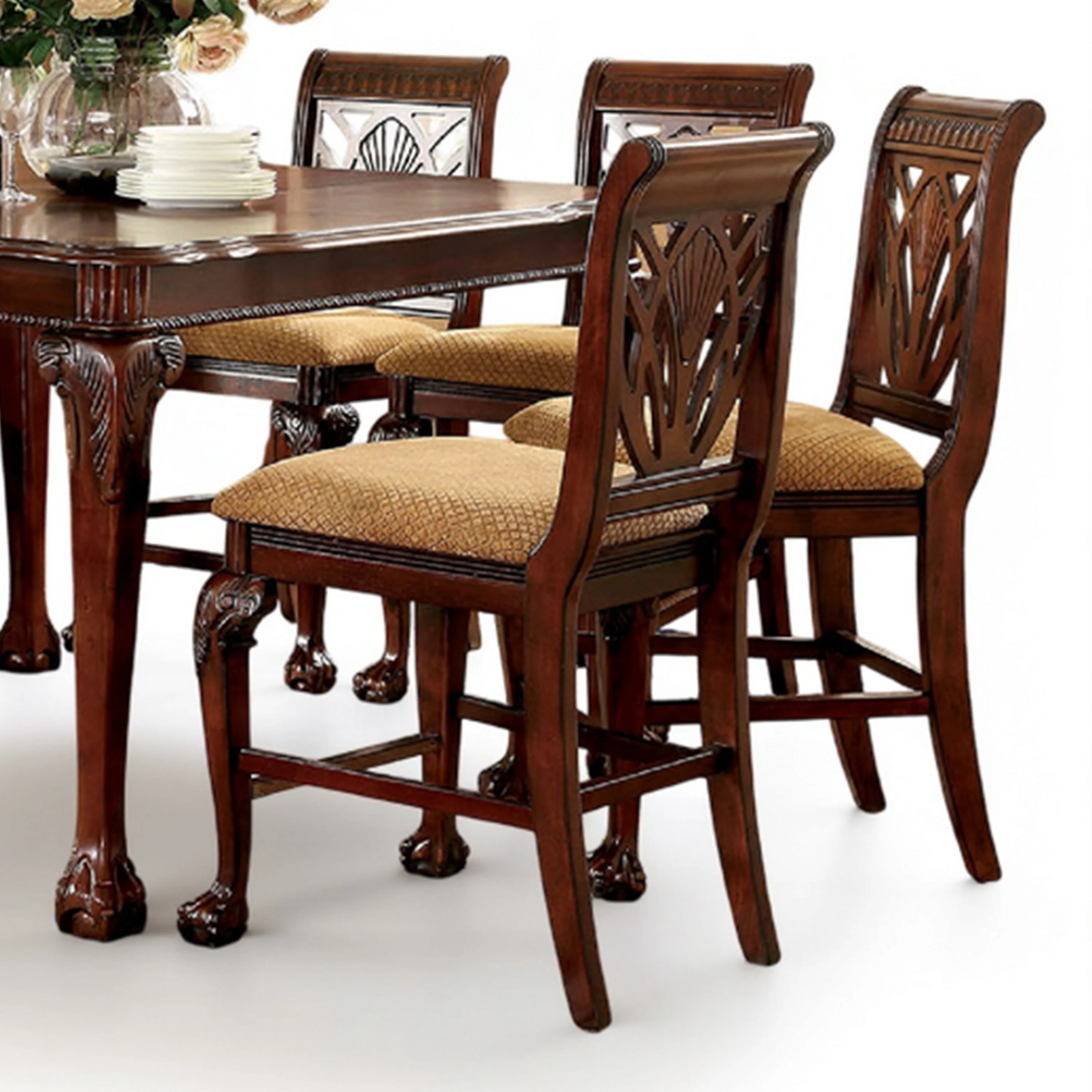 Burg 9pc Counter Height Table Set with Carved Trim Detail, Cherry Wood