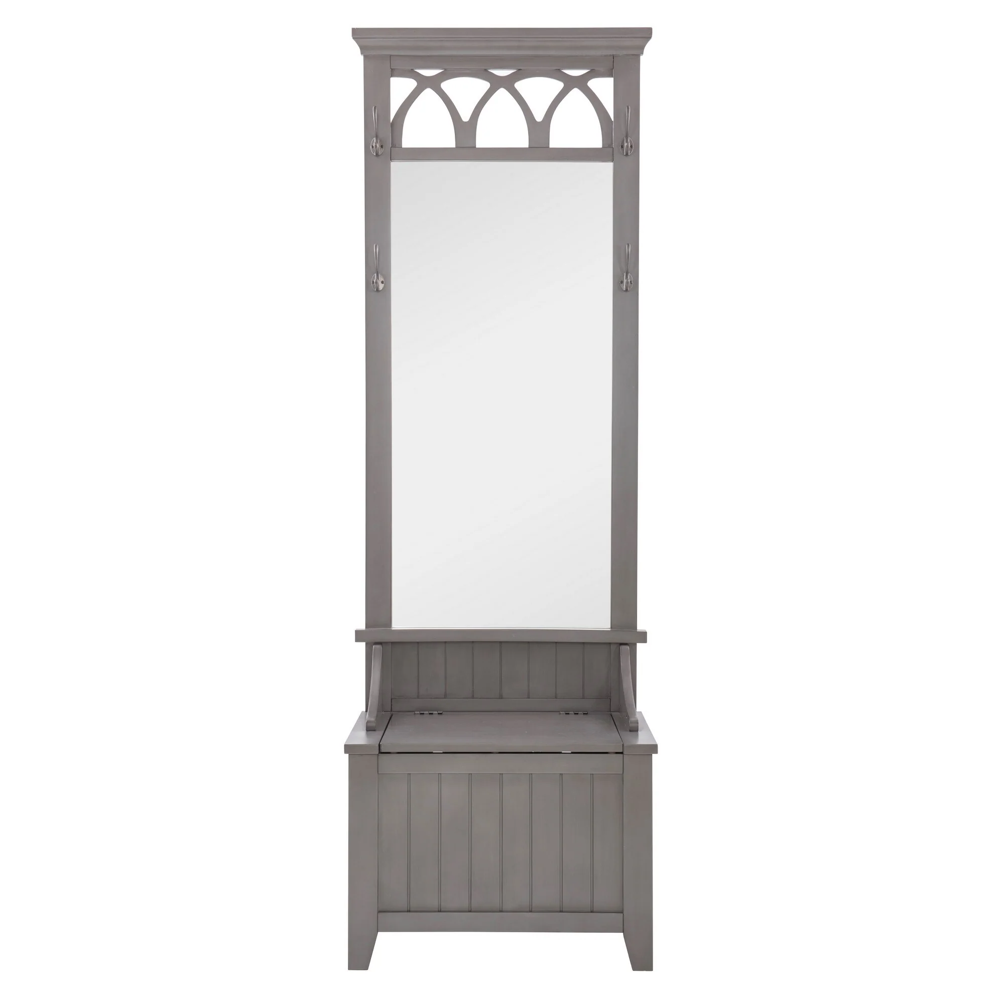 Hall Tree with Rectangular Mirror and Storage Bench, Gray