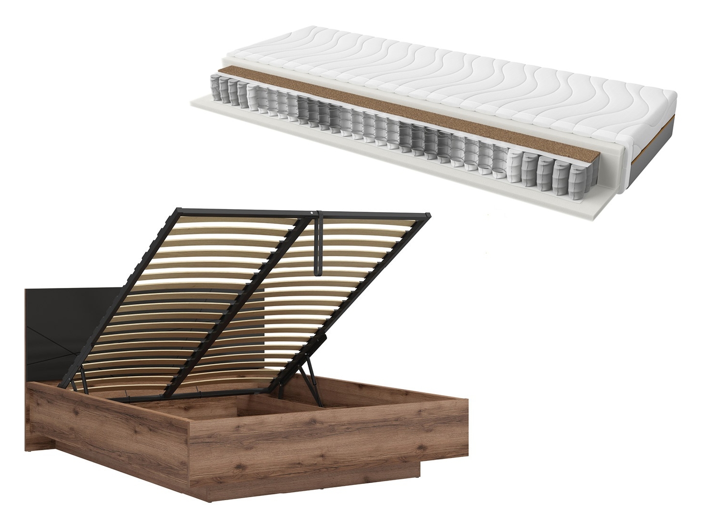 Zestaw łóżko Forn dąb delano ciemny/czarny ze stelażem i materacem Ceres AV 160x200
