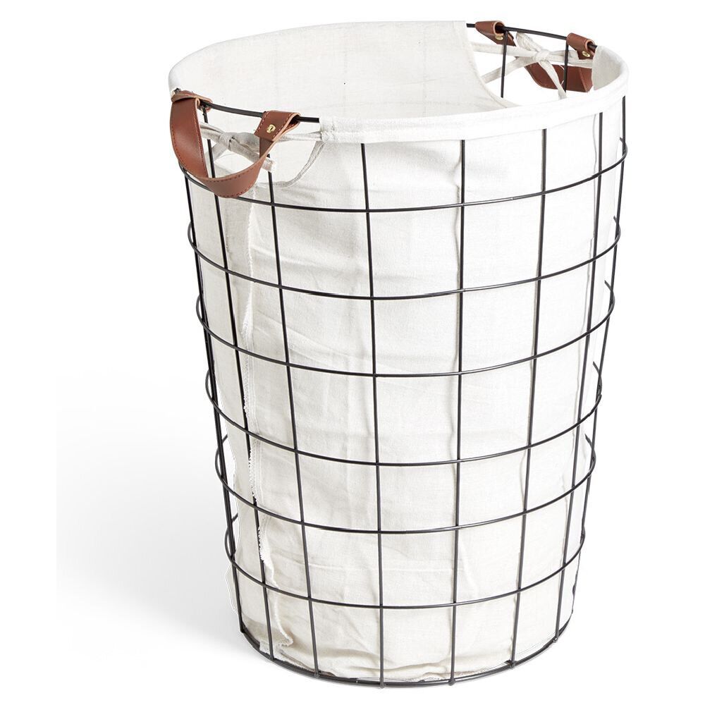 Panier à linge 48L métal noir et tissu blanc