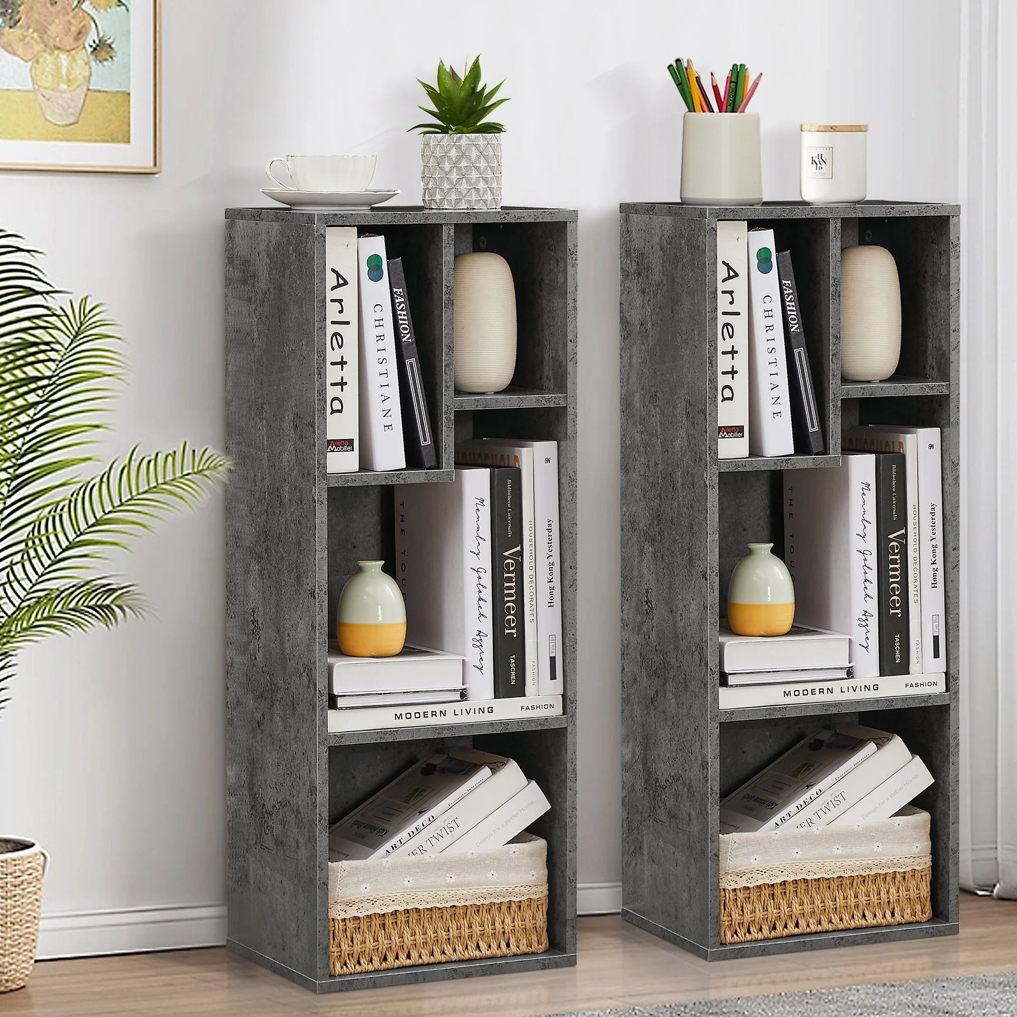 Bookshelves and Bookcases Set of 2, Floor Standing 4 Tier Display Storage Shelves, Tall Bookcase Shelf Storage Organizer