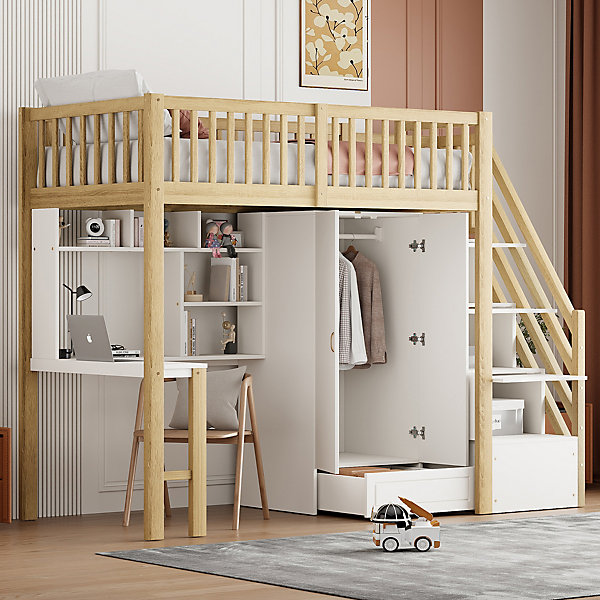 Lit superposé 90x200 cm avec armoire et bureau intégrés, structure bois massif blanc/naturel, gain de place