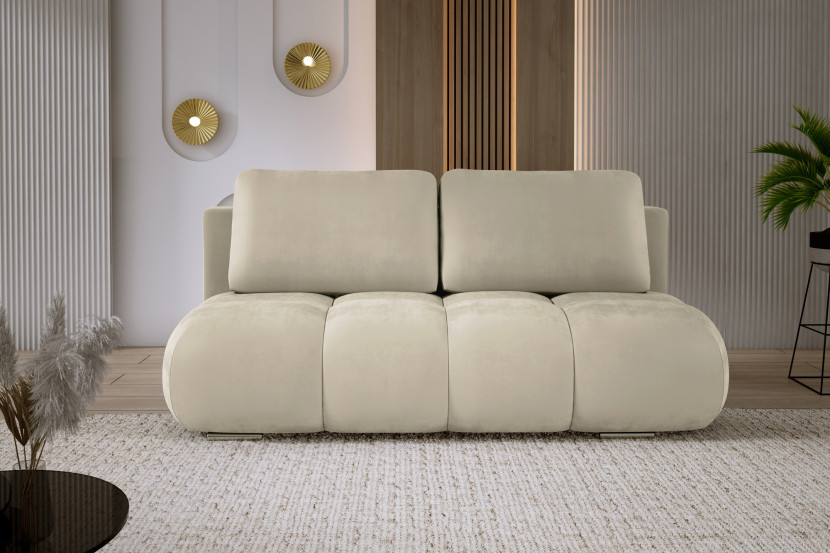 Beżowa sofa do salonu z funkcją spania MISTY oraz pojemnikiem pikowana