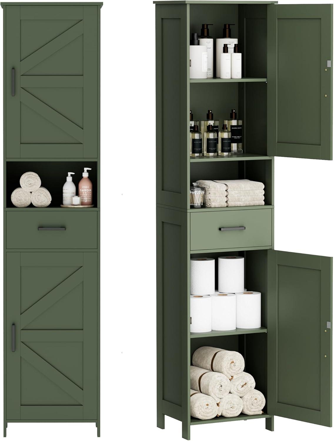 Homhedy 67 H Tall Bathroom Storage Cabinet with 2 Barn Doors and 1 Drawer, Narrow Storage Unit, Adjustable Shelves, Floor Cabinet for Bathroom, Living Room, Entryway, Kitchen, Green, (15.7 W)