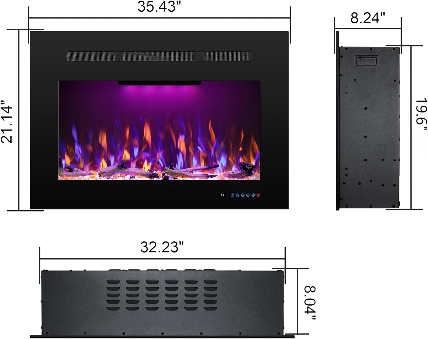 Electric Fireplace Inserts with 3 Flame & Top Light Color, Recessed Fireplace Heater with Thermostat, 750/1500W, Crackling Sound, Logs & Crystals, Timer, 32.2 W x 19.6 H Rear