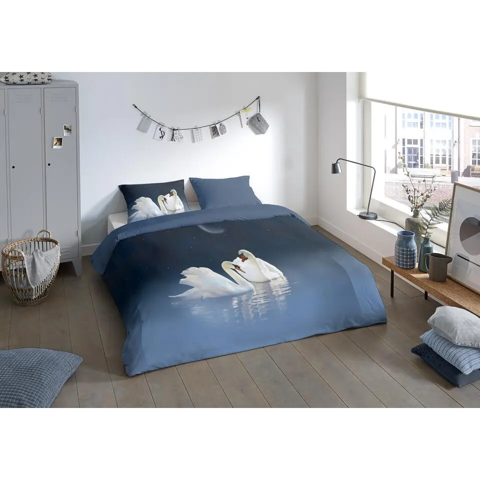 Pure dekbedovertrek zwanen - Lits jumeaux 240x200/220 cm - Blauw - Microvezel