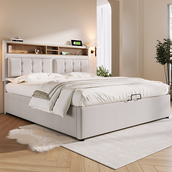 Lit 140x200 cm à tête réglable avec station de charge (USB/Type-C   prises) et grand rangement en lin