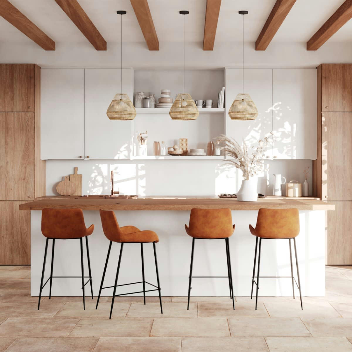 PIRATA - Chaise de bar mi-hauteur en cuir synthétique camel 65cm (x2)