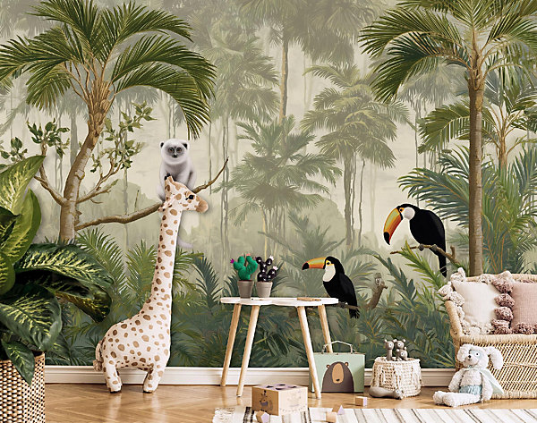 Papier Peint PanoramiqueJungle Animaux Vert - 350x250 cm - Papier Peint Enfant