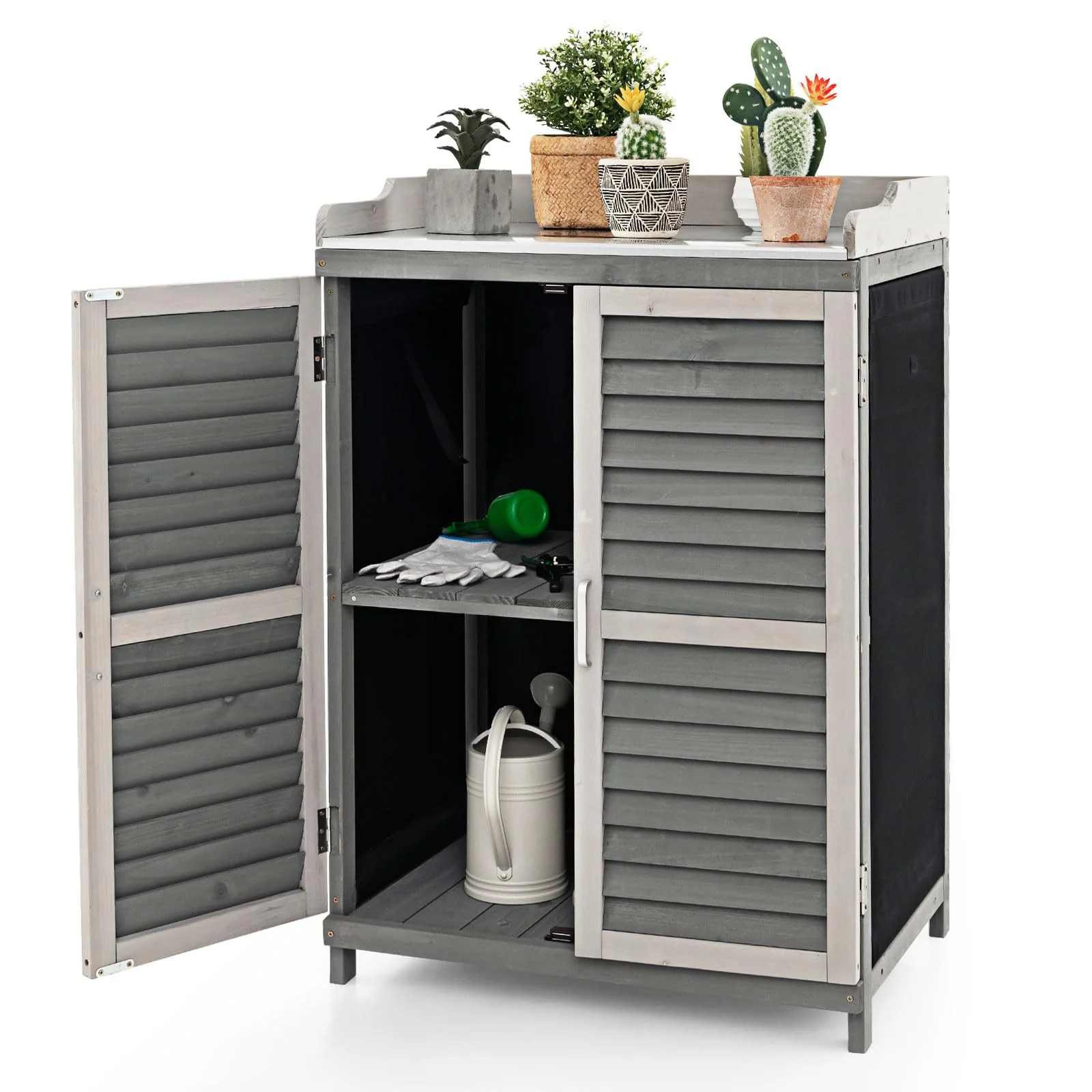 Outdoor Potting Bench Table, Garden Storage Cabinet w/Metal Tabletop