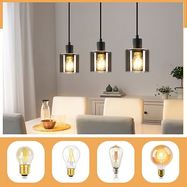 NETTLIFE Suspension Verre Noir Diam.68 cm E27 Vintage 3 Ampoules Lampe de Salle à Manger Lampe à Industrielle Rétro