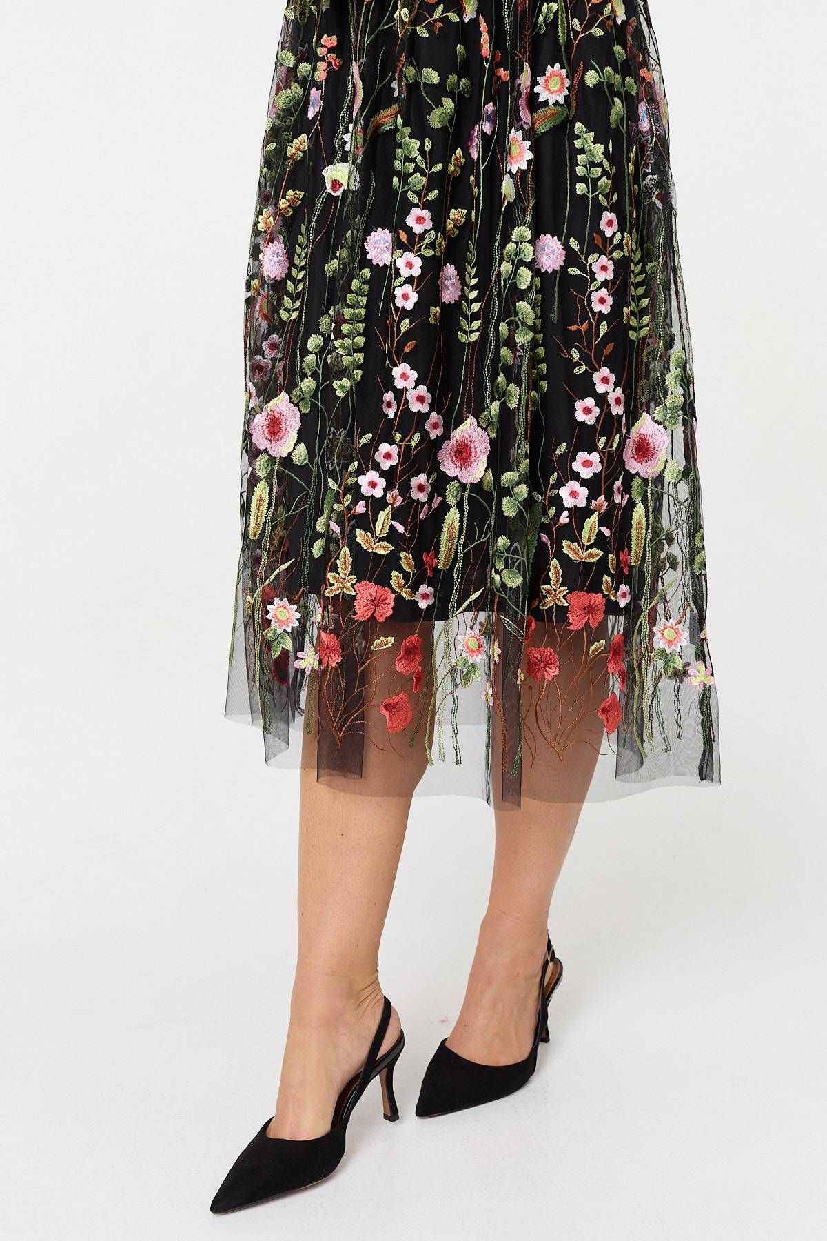 Izabel London Floral Embroidered Mesh Midi Dress