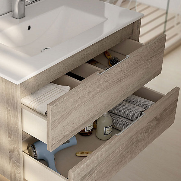 Meuble sous vasque seul, 2 tiroirs, 100cm, simple vasque - cambrian (chêne clair) - IRIS
